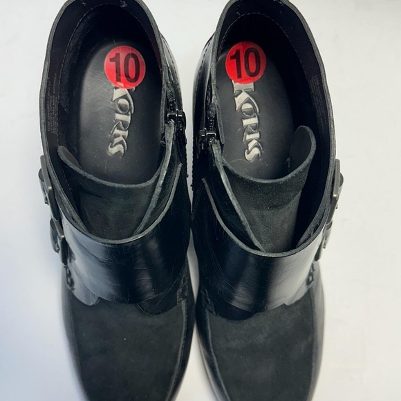 Korks Black Leather 3" Wedge Heel Ankle Booties Size 10 Suede Buckle Zip Close - Picture 6 of 9